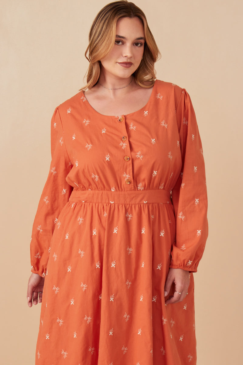 HY7460W Rust Plus Floral Embroidered Button Down Dress Front