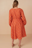 HY7460W Rust Plus Floral Embroidered Button Down Dress Back