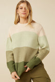 HY7462 Olive Womens Color Block Low Gauge Mock Neck Sweater Front