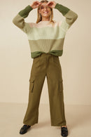 HY7462 Olive Womens Color Block Low Gauge Mock Neck Sweater Full Body