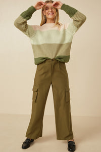 HY7462 Olive Womens Color Block Low Gauge Mock Neck Sweater Full Body