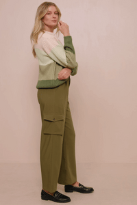 HY7462 Olive Womens Color Block Low Gauge Mock Neck Sweater Gif