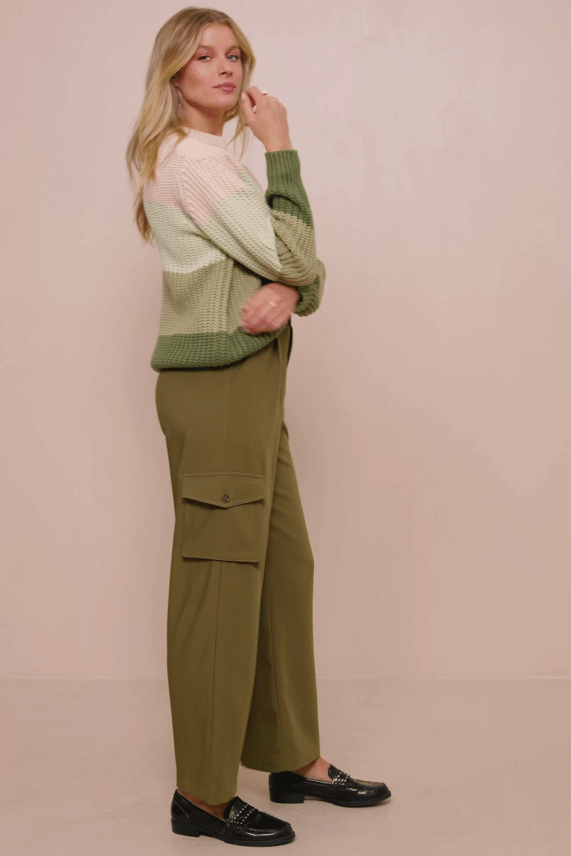 HY7462 Olive Womens Color Block Low Gauge Mock Neck Sweater Gif