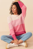 HY7462 Pink Womens Color Block Low Gauge Mock Neck Sweater Pose