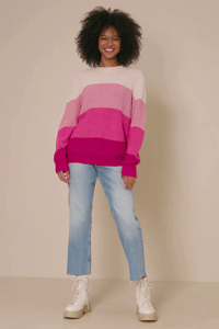HY7462 Pink Womens Color Block Low Gauge Mock Neck Sweater Gif