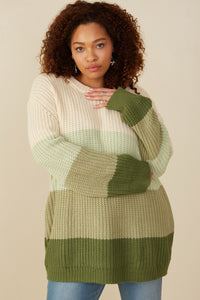 HY7462W Olive Plus Color Block Low Gauge Round Neck Sweater Pose