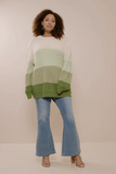 HY7462W Olive Plus Color Block Low Gauge Round Neck Sweater Gif