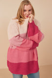 HY7462W Pink Plus Color Block Low Gauge Round Neck Sweater Pose