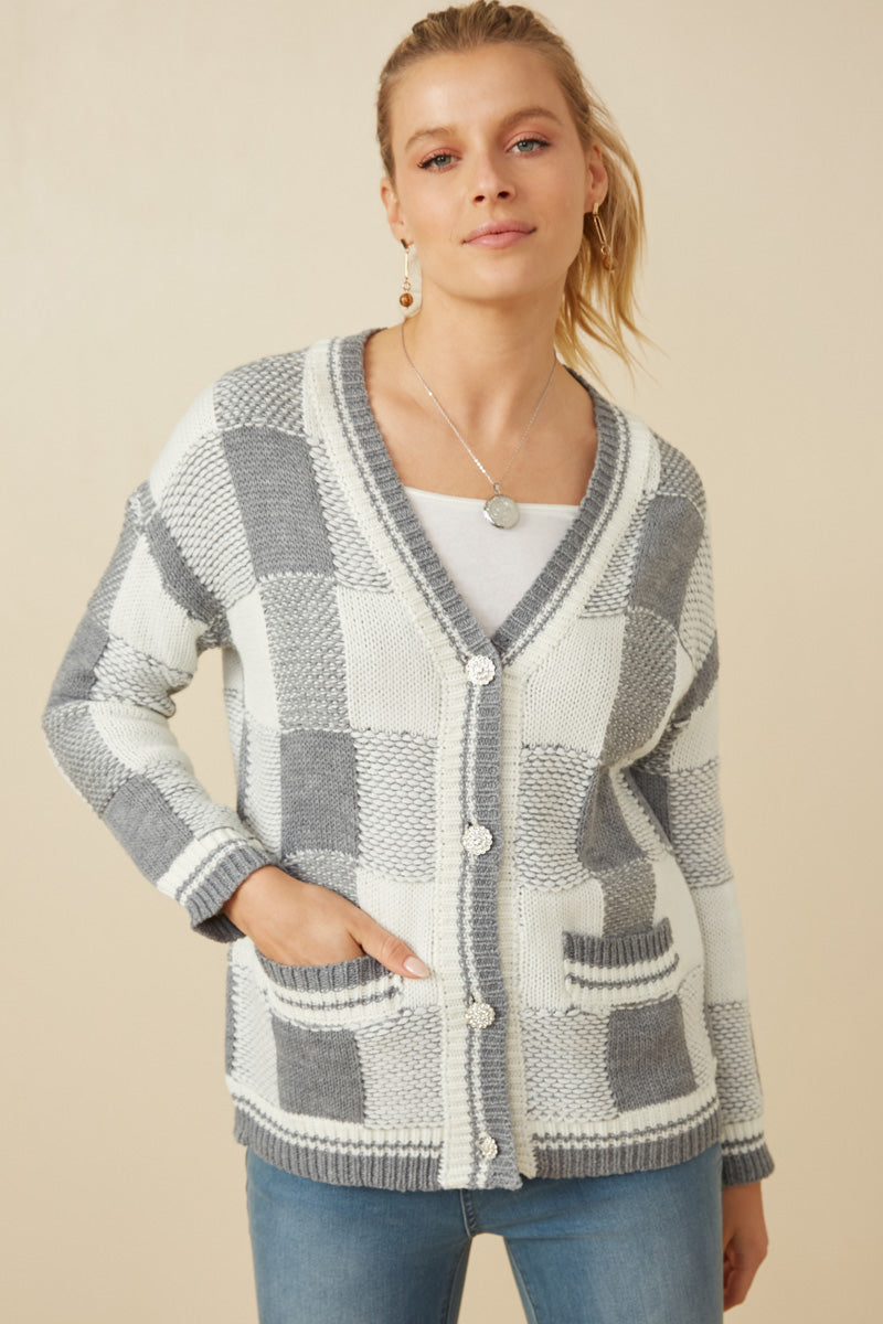 Mixed Knit Statement Button Quilted Sweater Cardigan