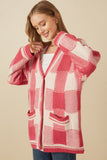 HY7463W Pink Plus Mixed Knit Statement Button Quilted Sweater Cardigan Front