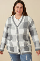 HY7463 Grey Womens Mixed Knit Statement Button Quilted Sweater Cardigan Front