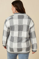 HY7463W Grey Plus Mixed Knit Statement Button Quilted Sweater Cardigan Full Body