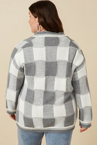 HY7463W Grey Plus Mixed Knit Statement Button Quilted Sweater Cardigan Full Body