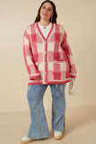 HY7463W Pink Plus Mixed Knit Statement Button Quilted Sweater Cardigan Gif