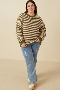 HY7464 Olive Mix Womens Striped Drop Should Low Gauge Sweater Back 2