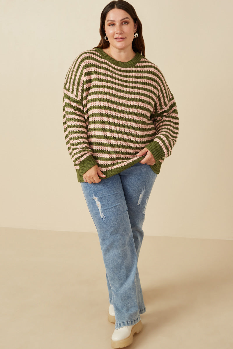 HY7464 Olive Mix Womens Striped Drop Should Low Gauge Sweater Back 2