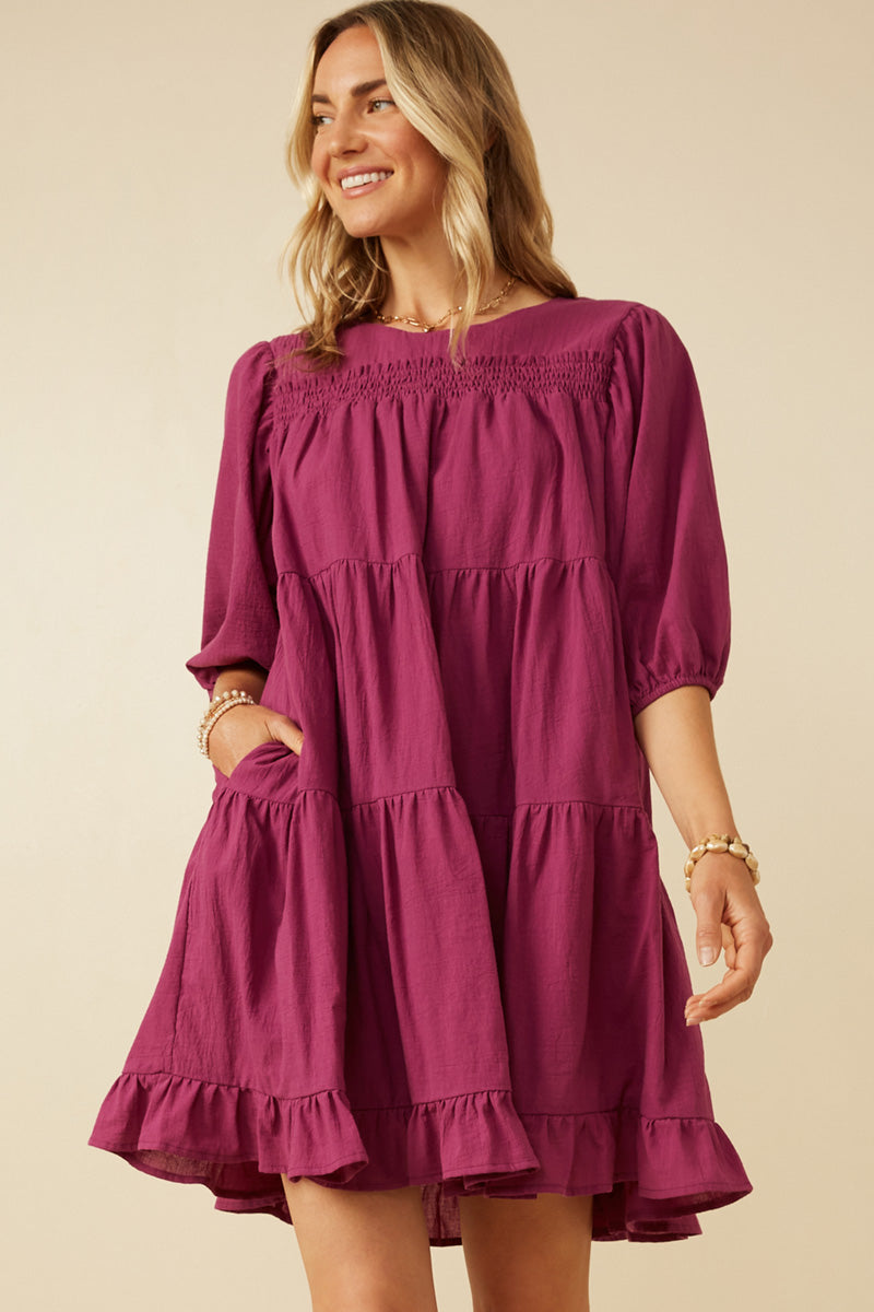 Smocking Detailed Puff Sleeve Tiered Dress