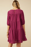 HY7465 Berry Womens Smocking Detailed Puff Sleeve Tiered Dress Detail