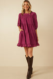 HY7465 Berry Womens Smocking Detailed Puff Sleeve Tiered Dress Back