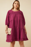 HY7465 Berry Womens Smocking Detailed Puff Sleeve Tiered Dress Front