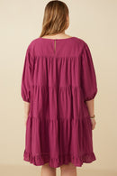 HY7465W Berry Plus Smocking Detailed Puff Sleeve Tiered Dress Full Body