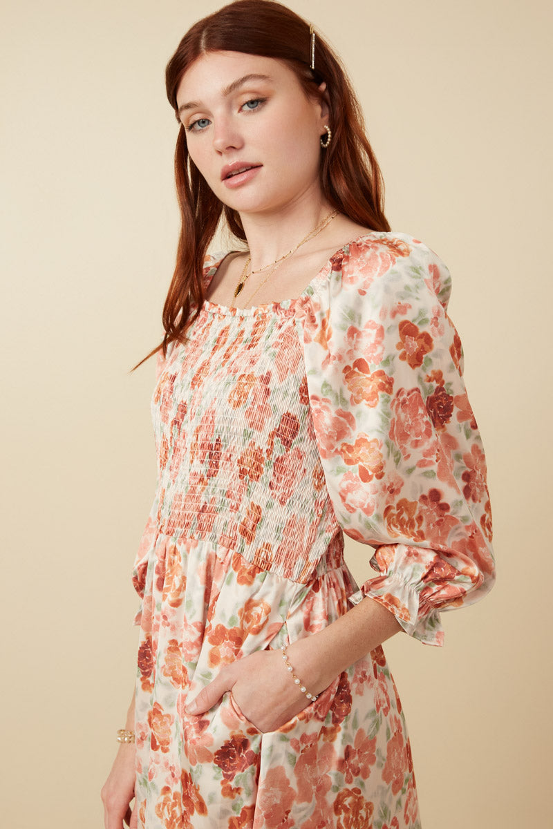 Womens Floral Cinch Smocked Dress