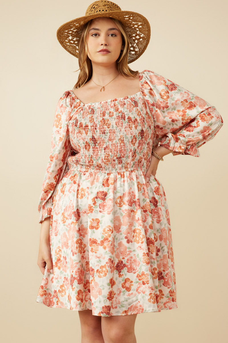 Floral Print Cinch Cuff Smocked Square Neck Dress