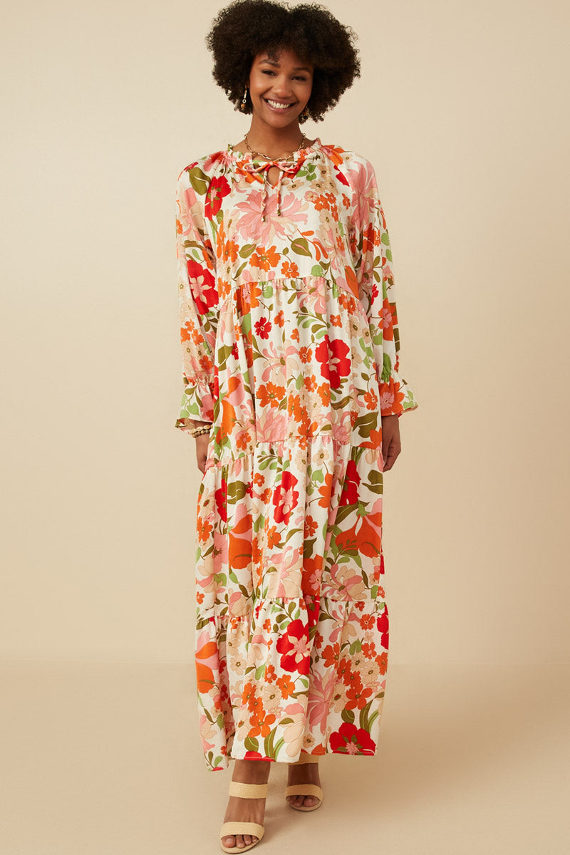 Satin Floral Tiered Maxi Dress For Women
