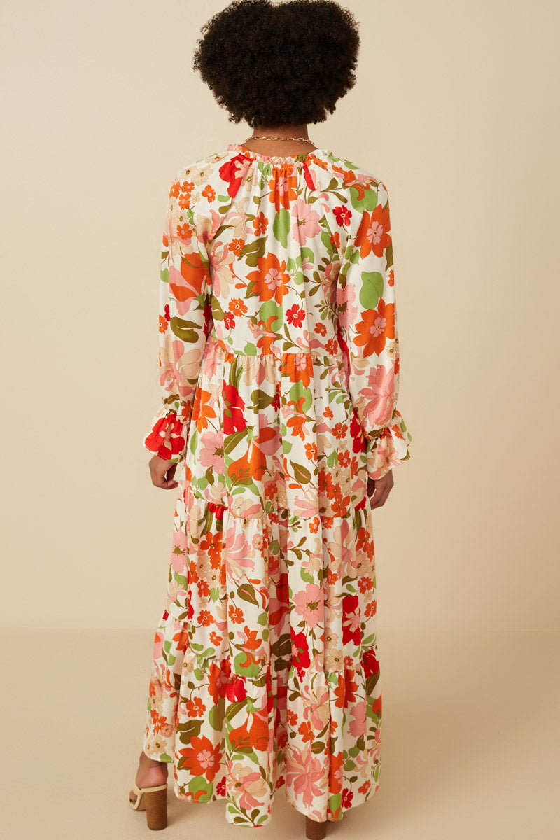 HY7472 IVORY Womens Satin Floral Tie Neck Tiered Maxi Dress Detail