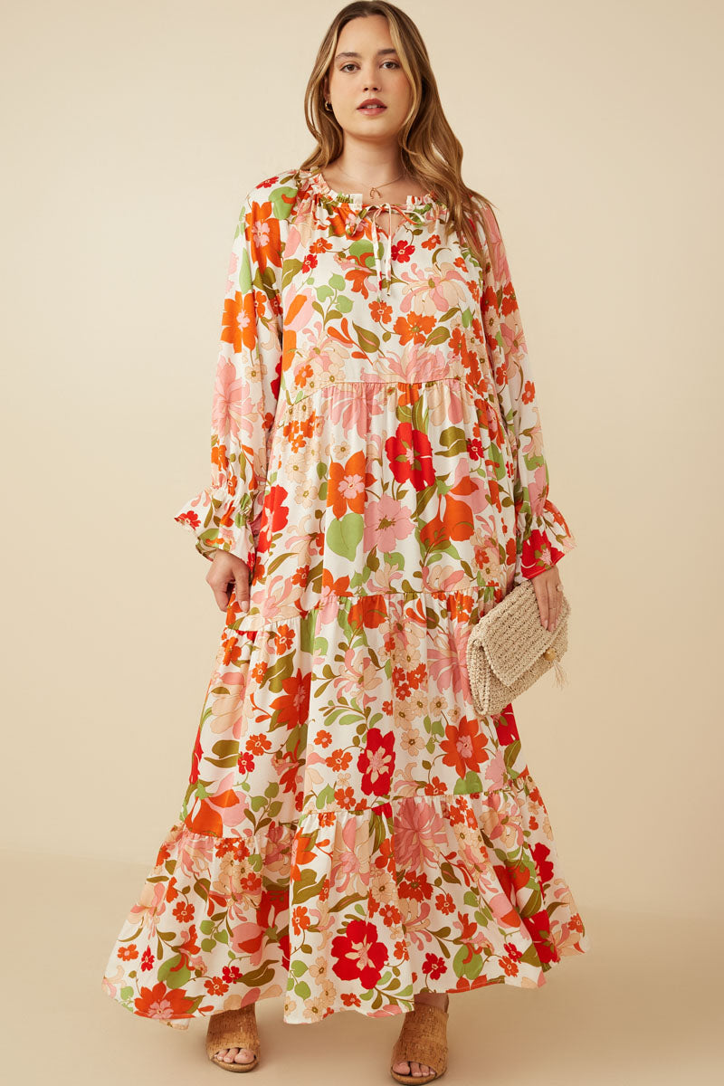Satin Floral Tie Neck Tiered Maxi Dress