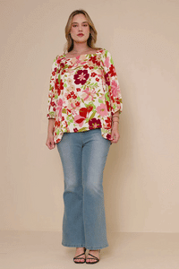 HY7473W Ivory Plus Floral Print Elastic Detail Satin Top Gif