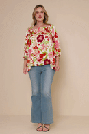 HY7473W Ivory Plus Floral Print Elastic Detail Satin Top Gif