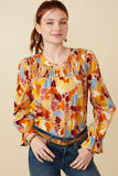 HY7474W Brown Plus Abstract Floral Smocked Yoke Top Front