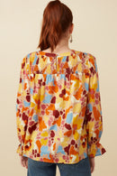 HY7474 Brown Womens Abstract Floral Smocked Yoke Top Front 2
