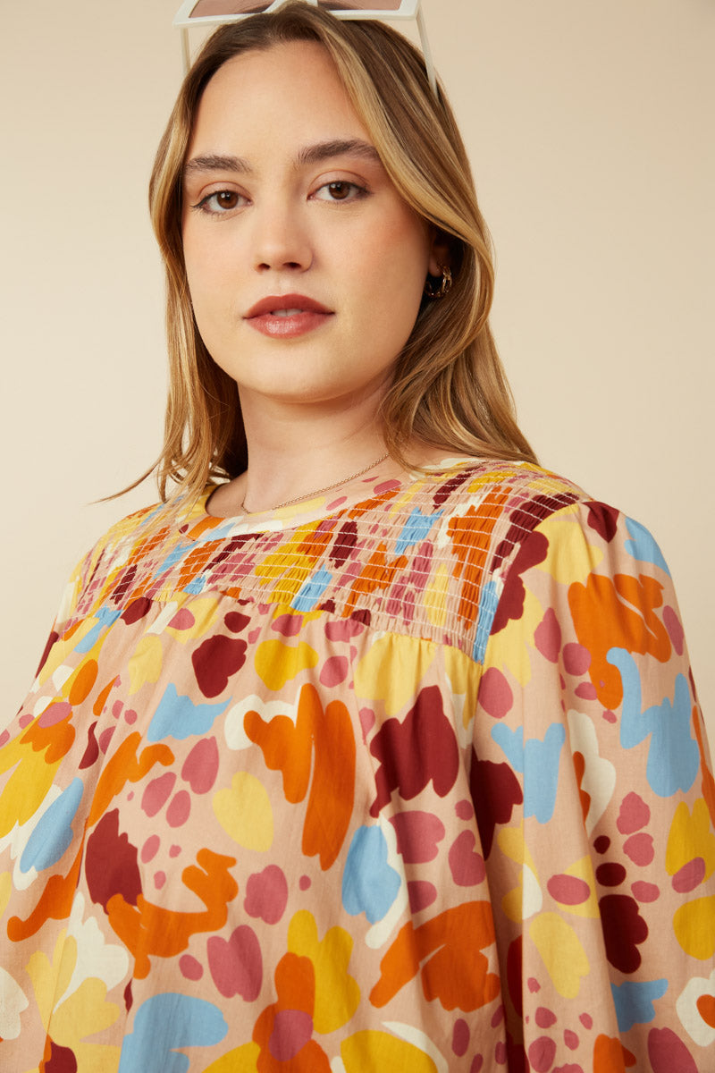 HY7474 Brown Womens Abstract Floral Smocked Yoke Top Back