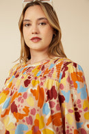 HY7474 Brown Womens Abstract Floral Smocked Yoke Top Back