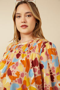 HY7474 Brown Womens Abstract Floral Smocked Yoke Top Back