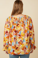 HY7474W Brown Plus Abstract Floral Smocked Yoke Top Front 2