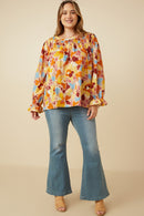 HY7474W Brown Plus Abstract Floral Smocked Yoke Top Side