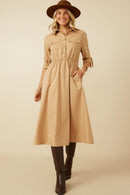 HY7492 Camel Womens Button Up Collared Twill Dress Full Body 2