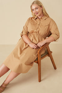 HY7492W Camel Plus Button Up Collared Twill Dress Pose