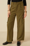 HY7494 Olive Womens Wide Leg Button Closure Cargo Pants Front