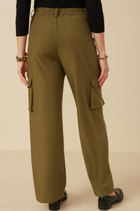 HY7494 Olive Womens Wide Leg Button Closure Cargo Pants Side