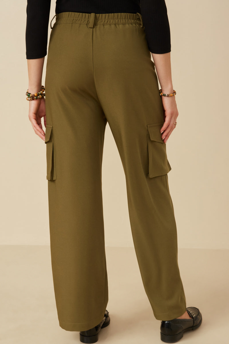 HY7494 Olive Womens Wide Leg Button Closure Cargo Pants Side