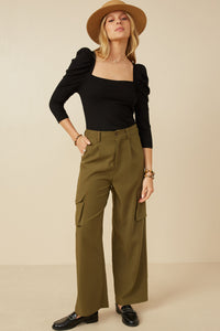 HY7494 Olive Womens Wide Leg Button Closure Cargo Pants Back