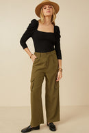 HY7494 Olive Womens Wide Leg Button Closure Cargo Pants Back
