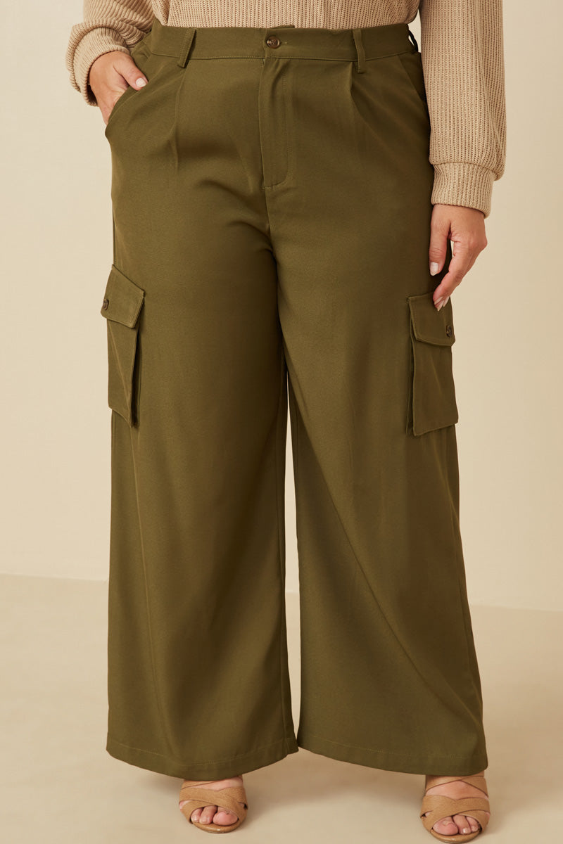 Wide Leg Button Closure Cargo Pants