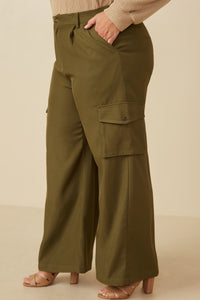 HY7494 Olive Womens Wide Leg Button Closure Cargo Pants Full Body