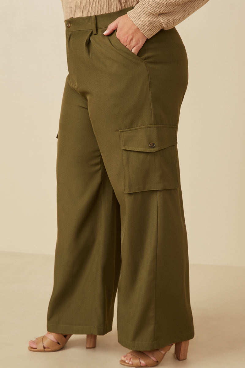 HY7494 Olive Womens Wide Leg Button Closure Cargo Pants Full Body