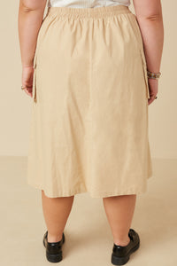 HY7498W Beige Plus Button Down Cargo Pocket Midi Skirt Side